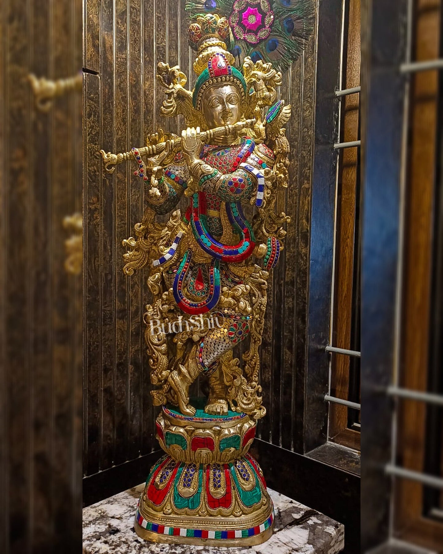 Krishna Brass Idol 29 inches | Unique Inlay Stonework | Handcrafted Brass idol