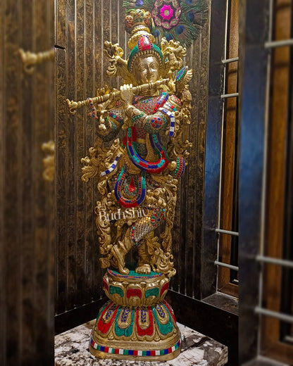 Krishna Brass Idol 29 inches | Unique Inlay Stonework | Handcrafted Brass idol