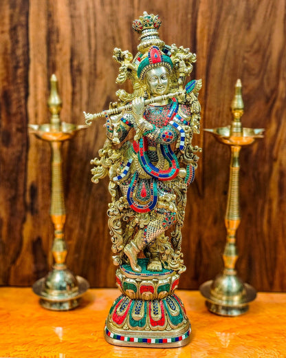 Krishna Brass Idol 29 inches | Unique Inlay Stonework | Handcrafted Brass idol