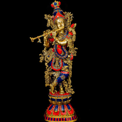 Krishna Brass Idol 29 inches | Unique Inlay Stonework | Handcrafted Brass idol