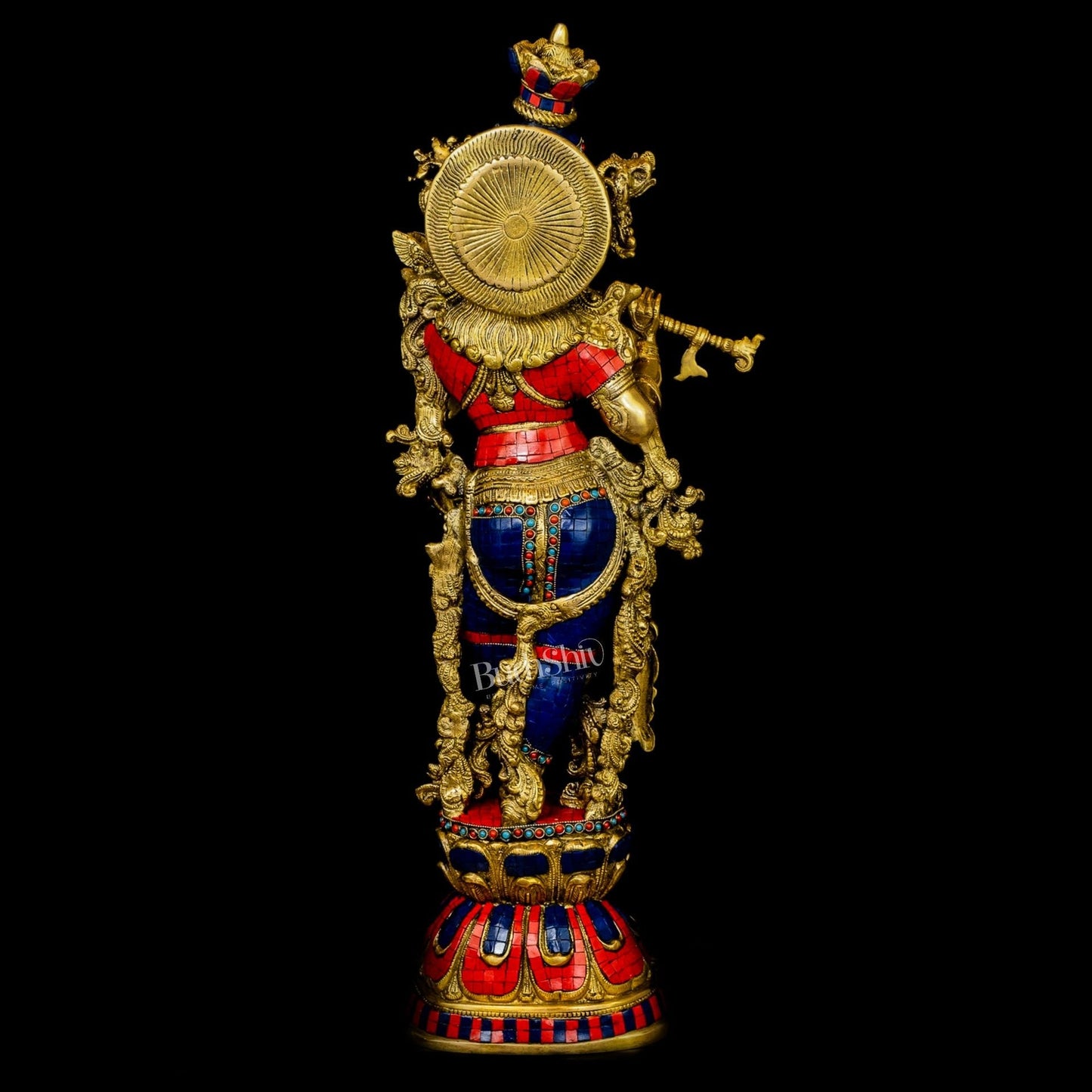 Krishna Brass Idol 29 inches | Unique Inlay Stonework | Handcrafted Brass idol
