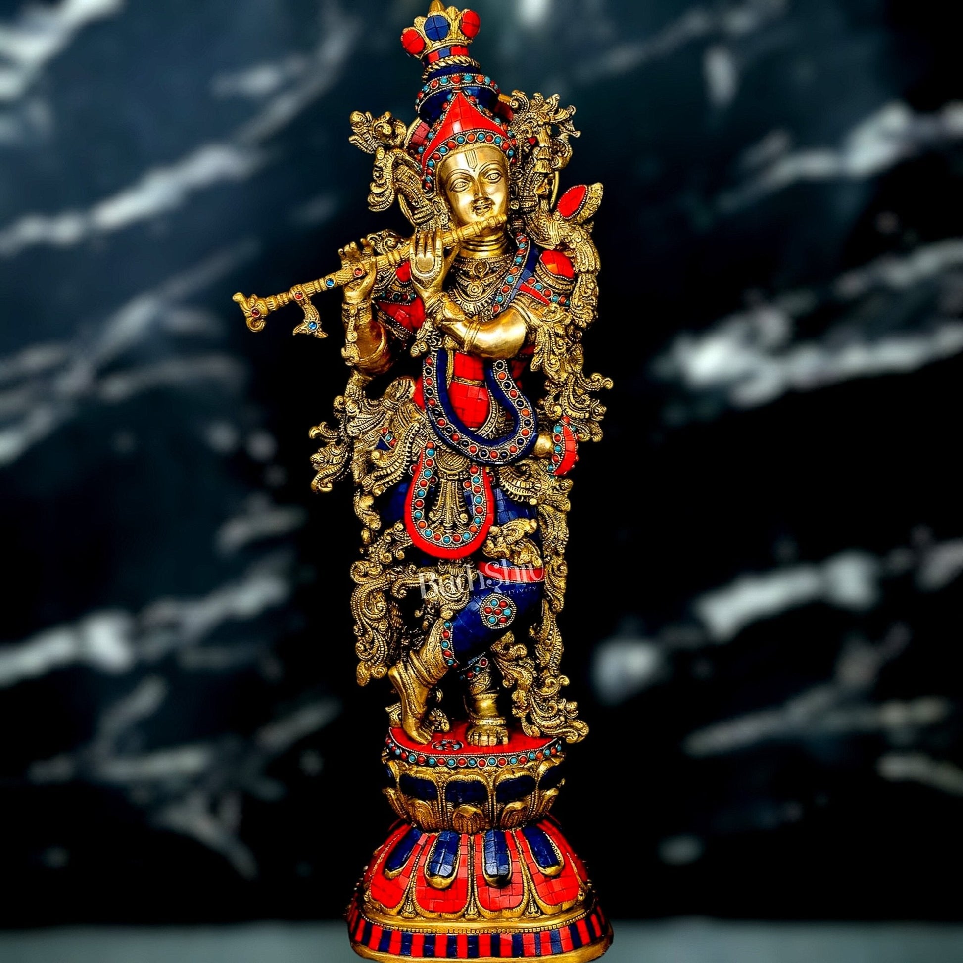 Krishna Brass Idol 29 inches | Unique Inlay Stonework | Handcrafted Brass idol