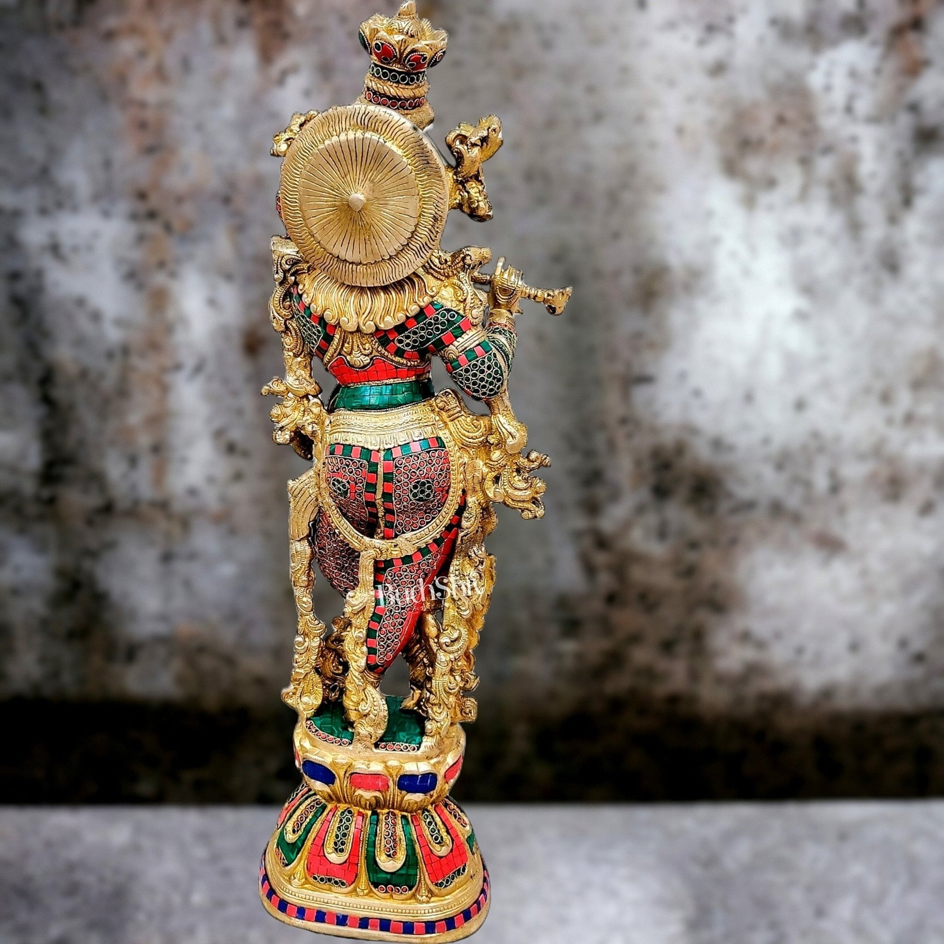 Krishna Brass Idol 29 inches | Unique Inlay Stonework | Handcrafted Brass idol