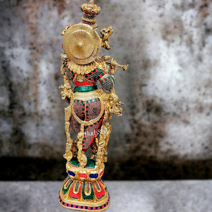 Krishna Brass Idol 29 inches | Unique Inlay Stonework | Handcrafted Brass idol