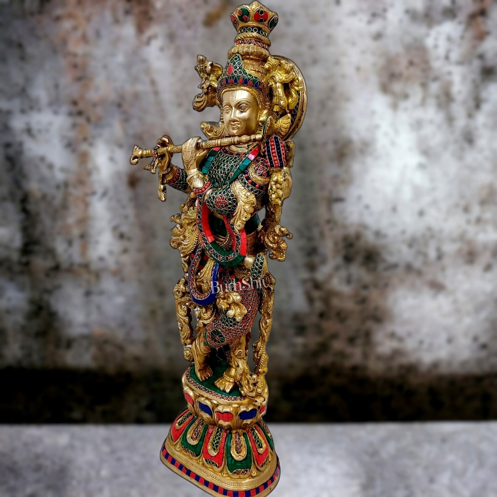 Krishna Brass Idol 29 inches | Unique Inlay Stonework | Handcrafted Brass idol