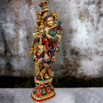 Krishna Brass Idol 29 inches | Unique Inlay Stonework | Handcrafted Brass idol