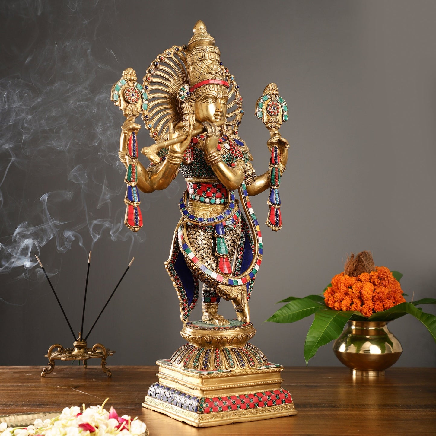 Handmade Superfine Brass Krishna Charbhuja Statue with Shankh and Chakra - 24-inch