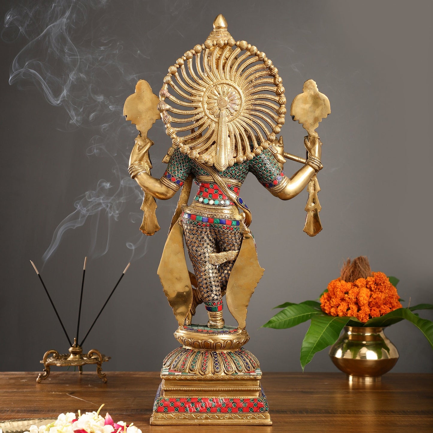 Handmade Superfine Brass Krishna Charbhuja Statue with Shankh and Chakra - 24-inch