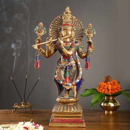 Handmade Superfine Brass Krishna Charbhuja Statue with Shankh and Chakra - 24-inch