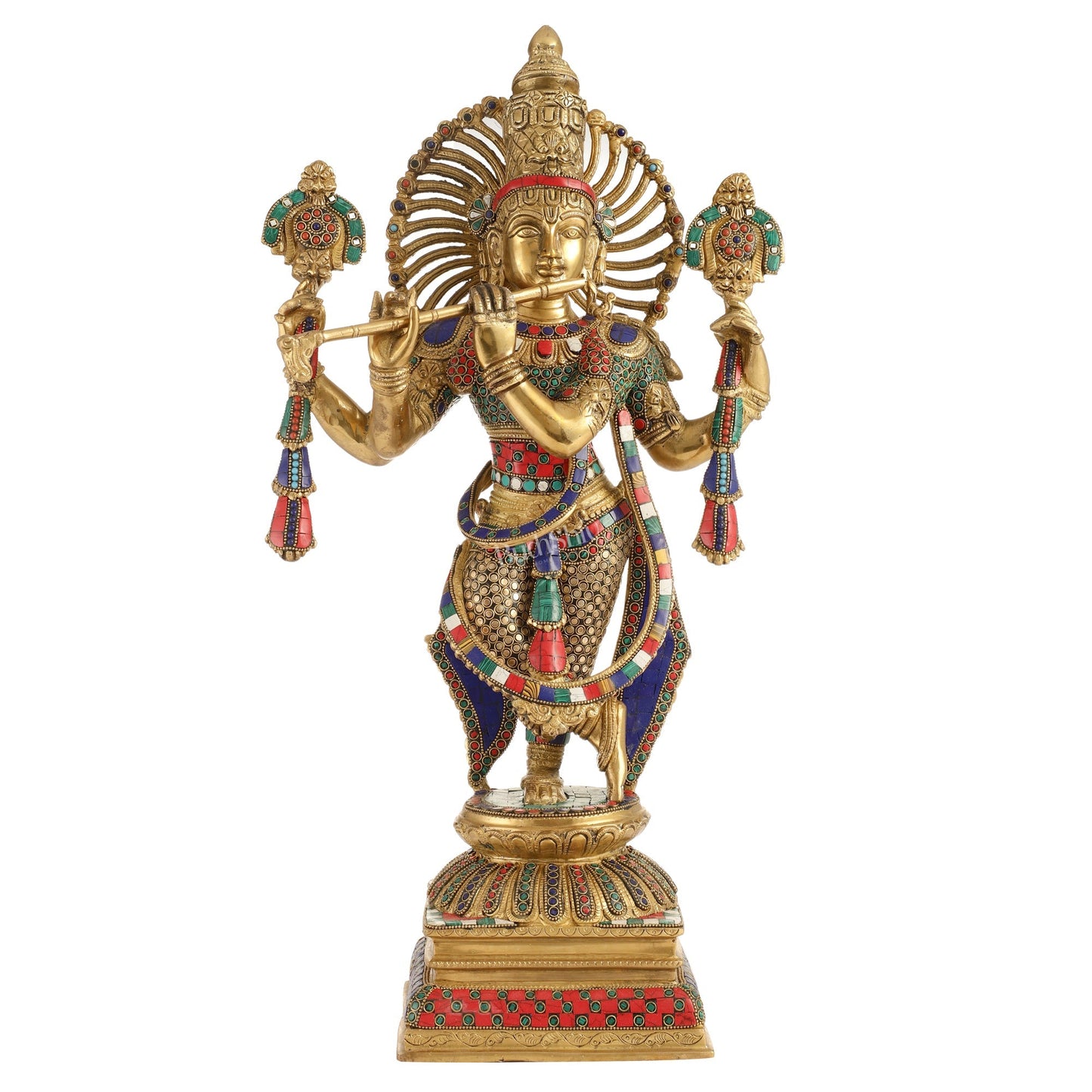 Handmade Superfine Brass Krishna Charbhuja Statue with Shankh and Chakra - 24-inch