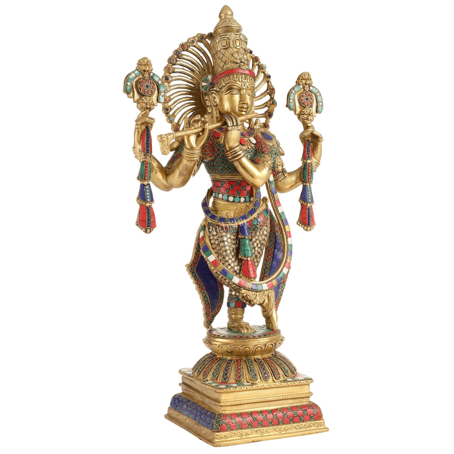 Handmade Superfine Brass Krishna Charbhuja Statue with Shankh and Chakra - 24-inch