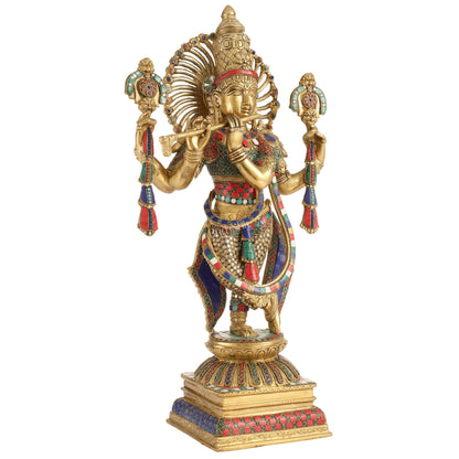 Handmade Superfine Brass Krishna Charbhuja Statue with Shankh and Chakra - 24-inch