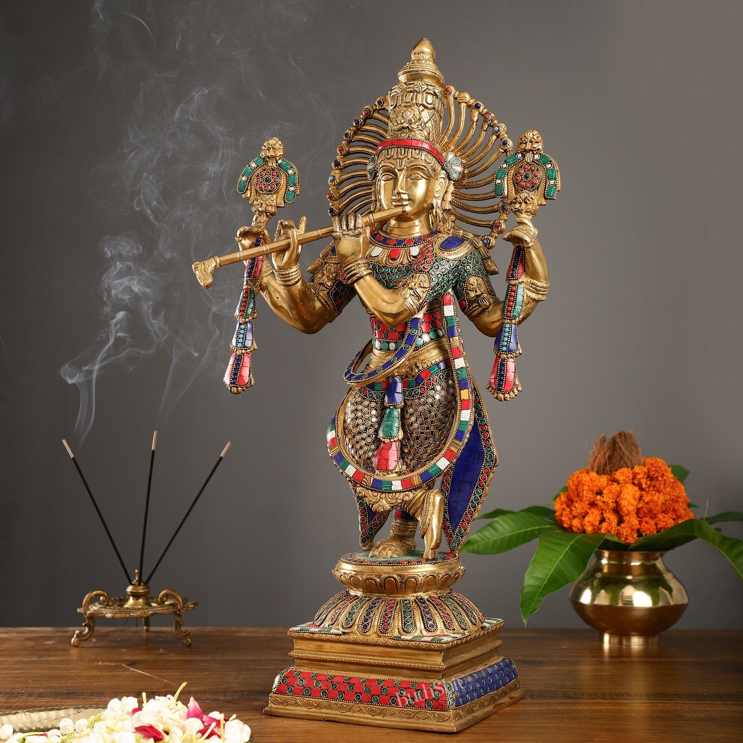 Handmade Superfine Brass Krishna Charbhuja Statue with Shankh and Chakra - 24-inch