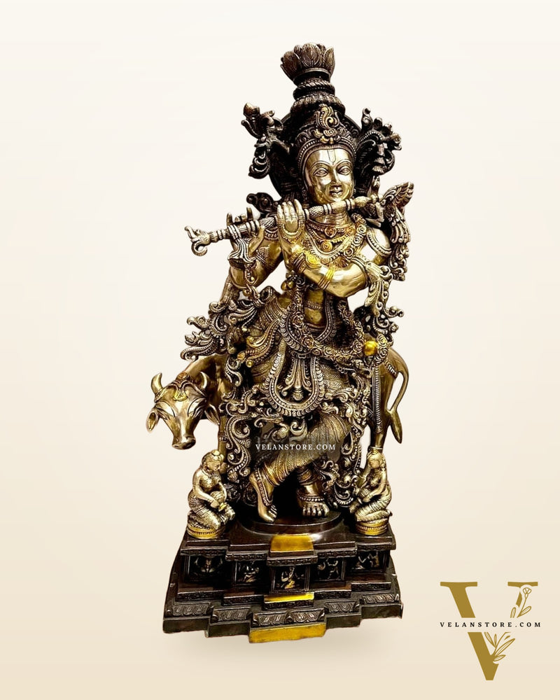 Krishna Brass Idol with Holy Cow 28 inch