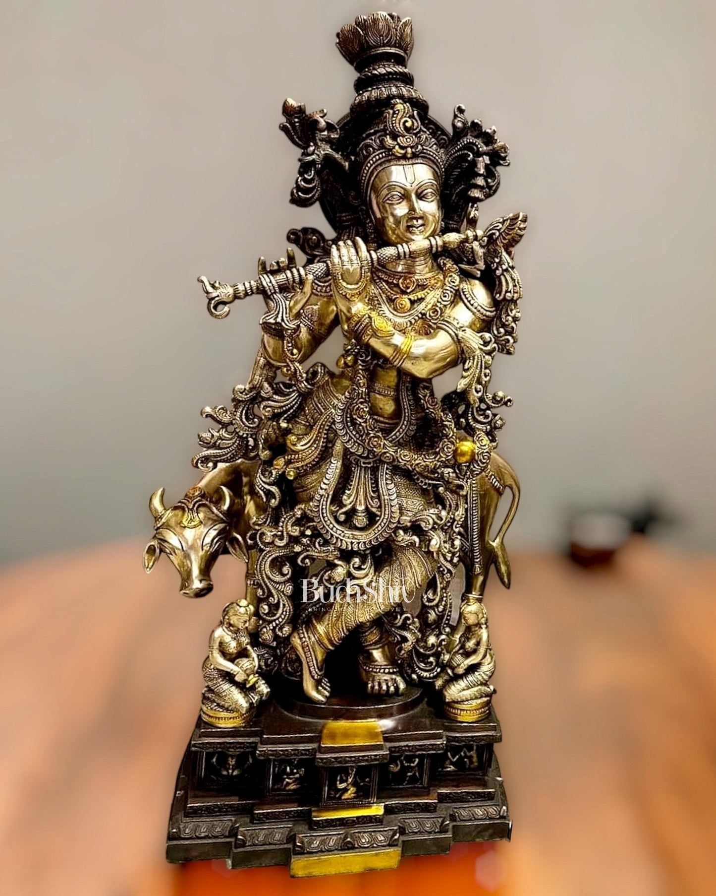 Krishna Brass Idol with Holy Cow 28 inch