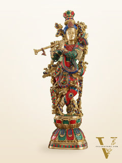 Krishna brass statue 29 inch multi coloured stonework