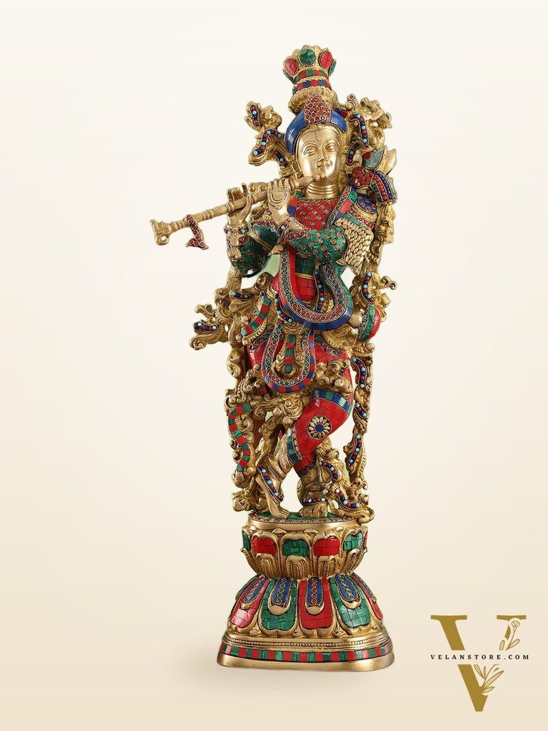 Krishna brass statue 29 inch multi coloured stonework