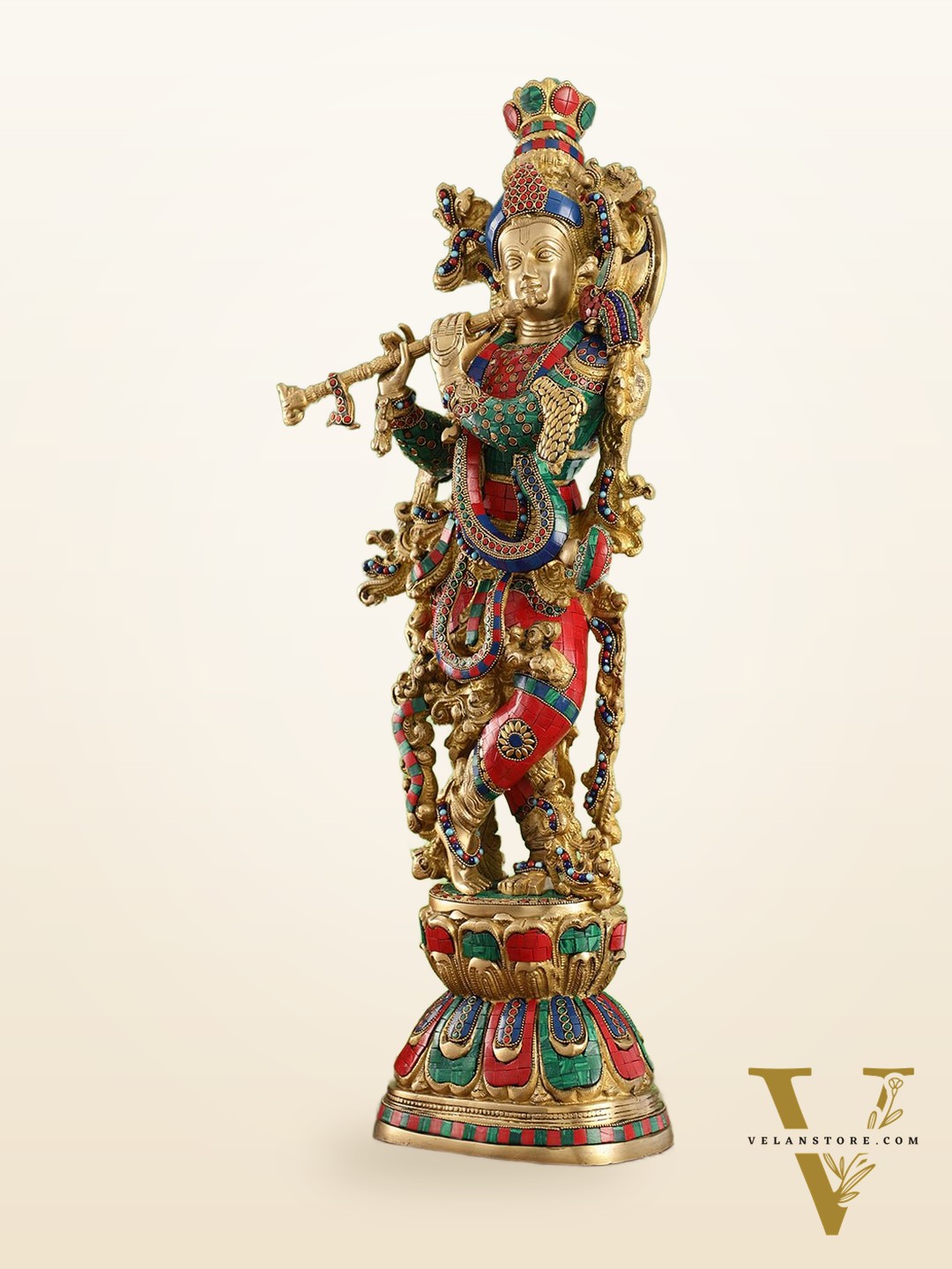 Krishna brass statue 29 inch multi coloured stonework