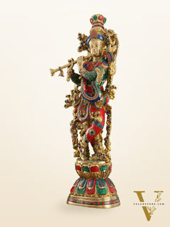 Krishna brass statue 29 inch multi coloured stonework