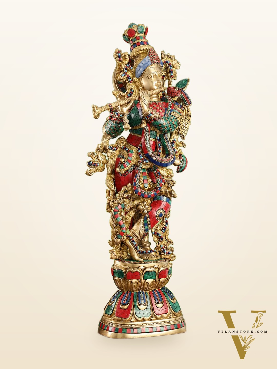 Krishna brass statue 29 inch multi coloured stonework