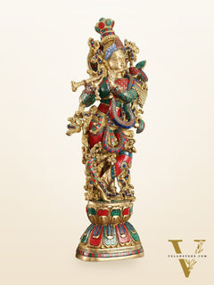 Krishna brass statue 29 inch multi coloured stonework