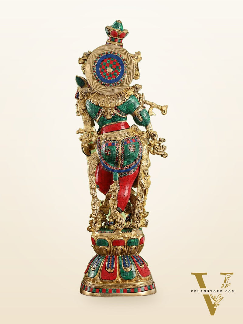 Krishna brass statue 29 inch multi coloured stonework