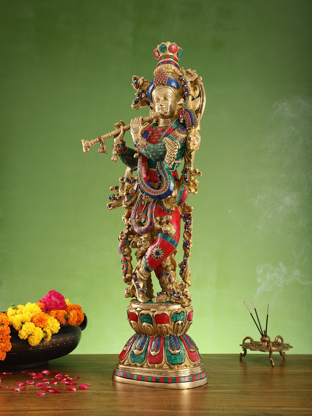 Krishna brass statue 29 inch multi coloured stonework