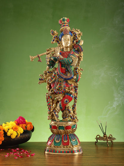 Krishna brass statue 29 inch multi coloured stonework