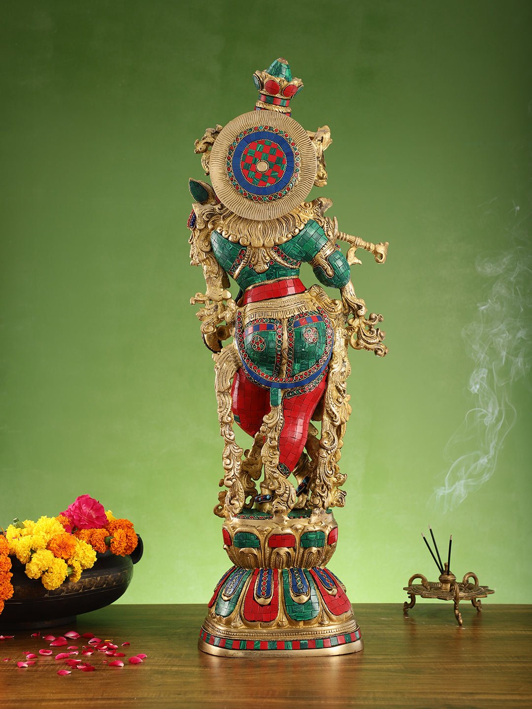 Krishna brass statue 29 inch multi coloured stonework
