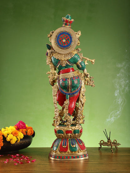 Krishna brass statue 29 inch multi coloured stonework