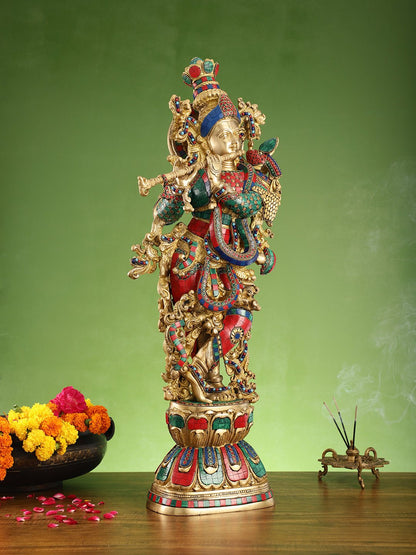 Krishna brass statue 29 inch multi coloured stonework