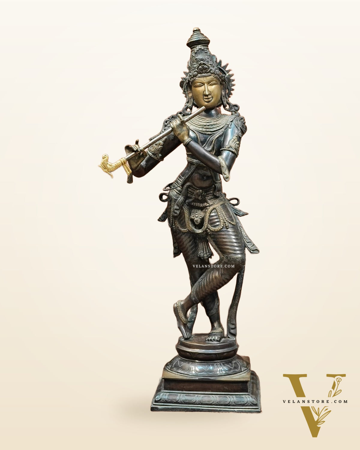 Krishna Brass Statue | Superfine Brass | Antique Bronze Tone | 35 inch