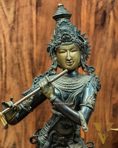 Krishna Brass Statue | Superfine Brass | Antique Bronze Tone | 35 inch