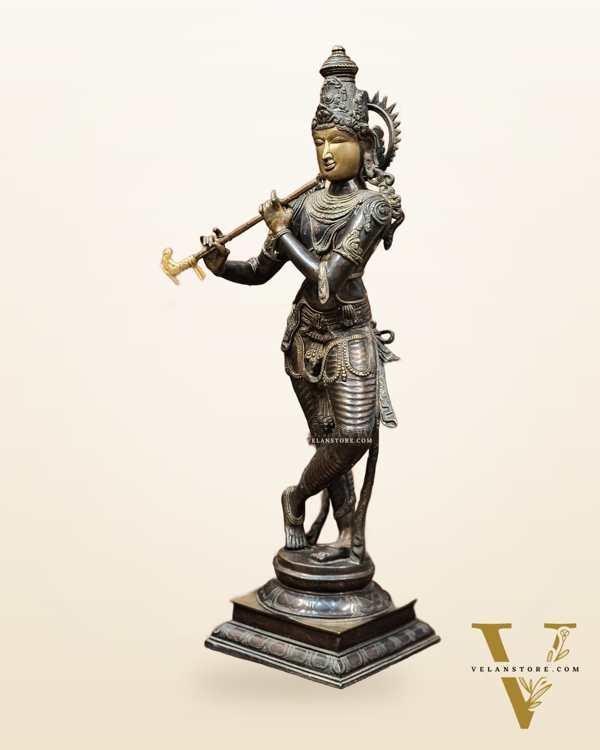 Krishna Brass Statue | Superfine Brass | Antique Bronze Tone | 35 inch
