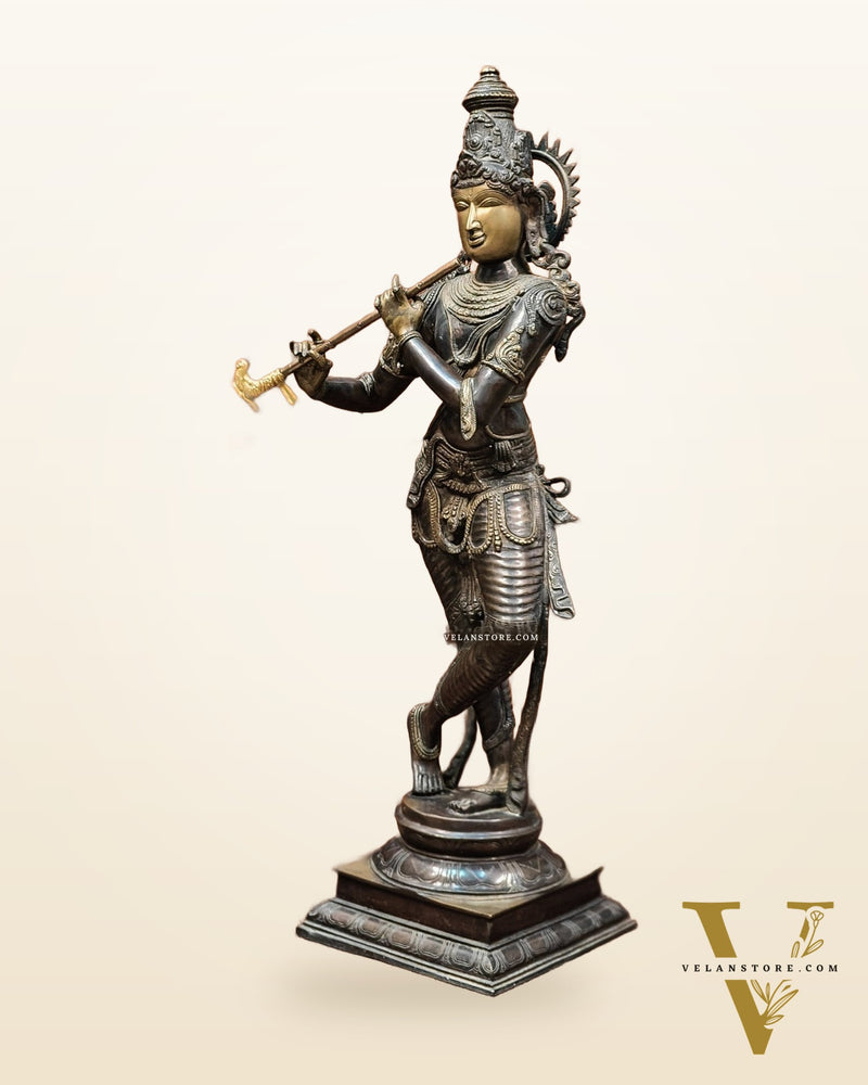 Krishna Brass Statue | Superfine Brass | Antique Bronze Tone | 35 inch
