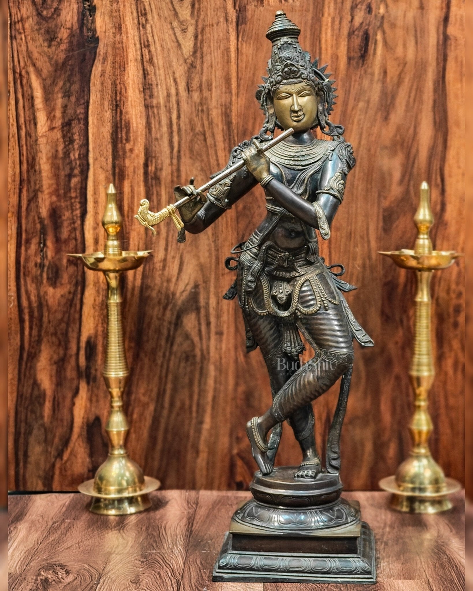 Krishna Brass Statue | Superfine Brass | Antique Bronze Tone | 35 inch