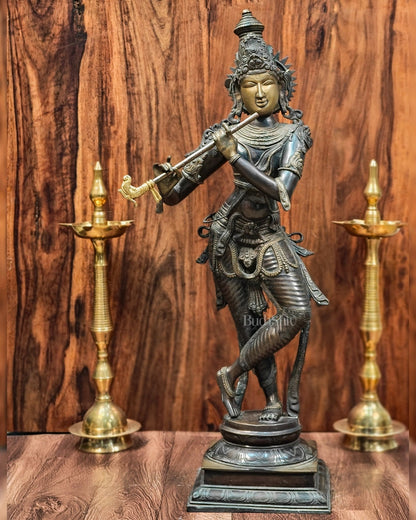 Krishna Brass Statue | Superfine Brass | Antique Bronze Tone | 35 inch