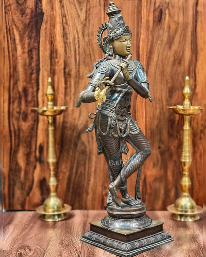 Krishna Brass Statue | Superfine Brass | Antique Bronze Tone | 35 inch