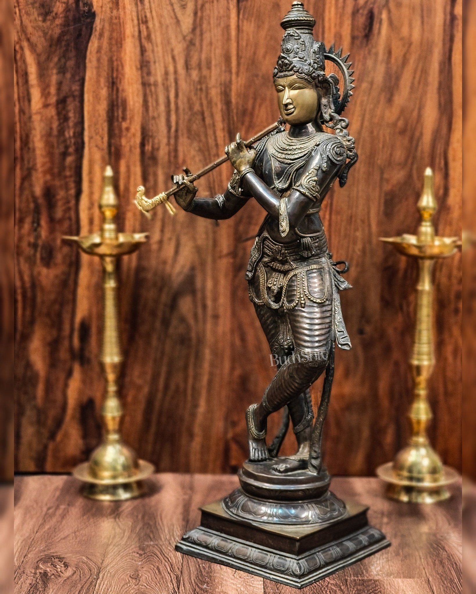 Krishna Brass Statue | Superfine Brass | Antique Bronze Tone | 35 inch