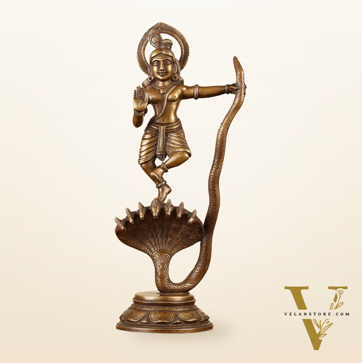 Krishna Dancing on Kaliya Naag Brass Idol 13"