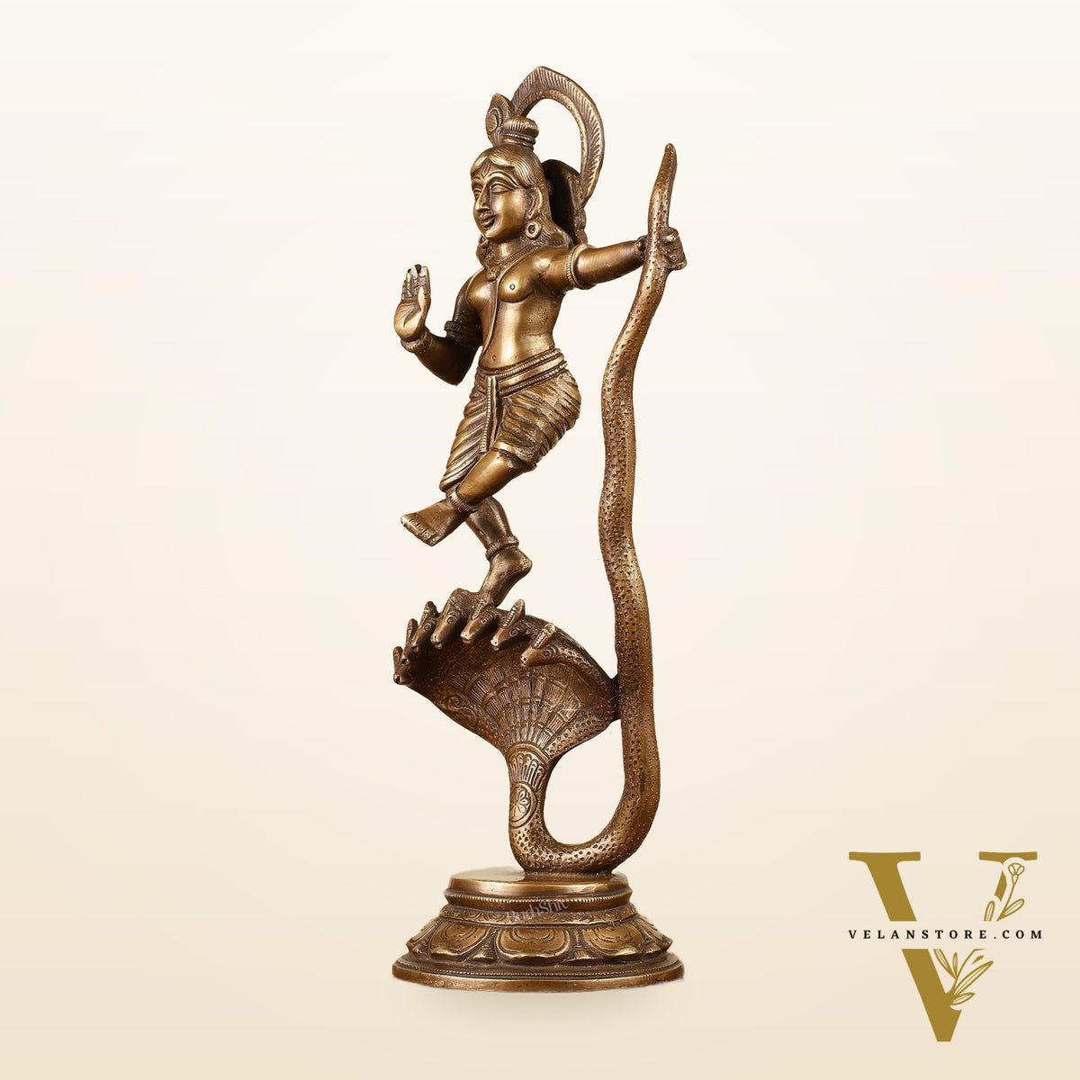 Krishna Dancing on Kaliya Naag Brass Idol 13"