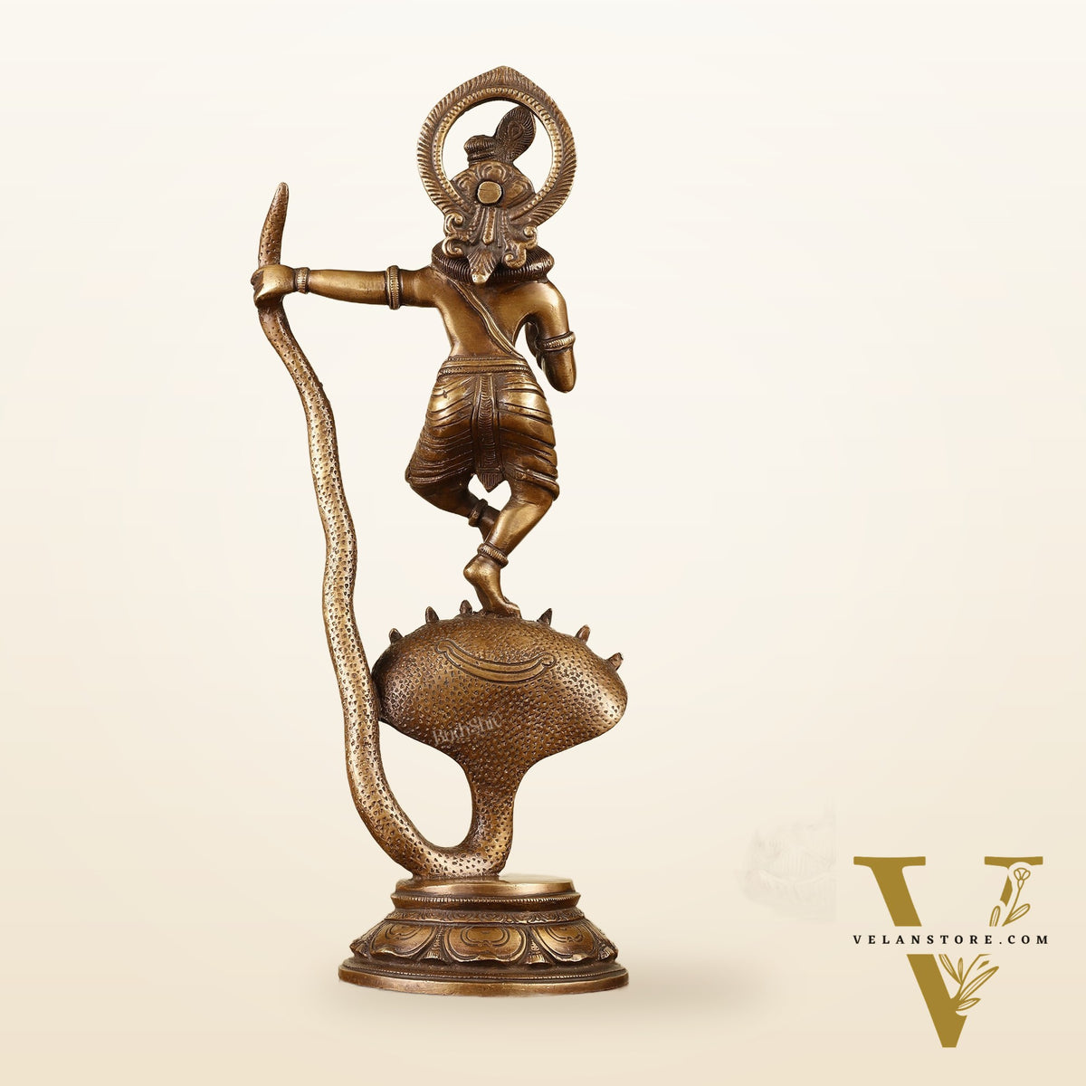 Krishna Dancing on Kaliya Naag Brass Idol 13"