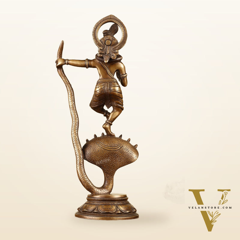 Krishna Dancing on Kaliya Naag Brass Idol 13"