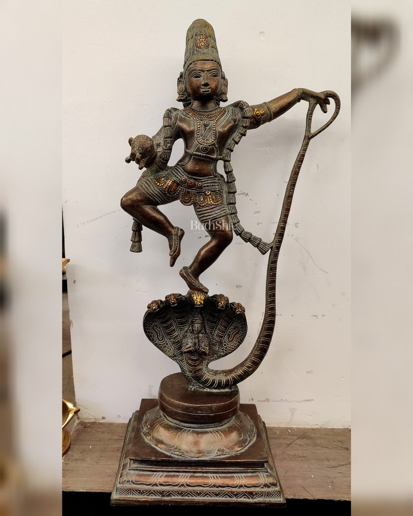 Krishna Dancing on Kaliya Naag: Brass Idol 20"