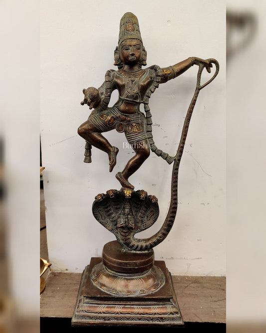 Krishna Dancing on Kaliya Naag: Brass Idol 20"