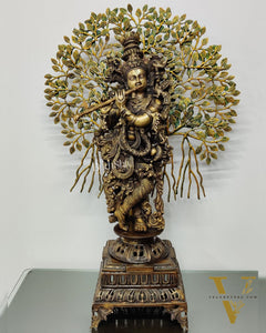 Krishna Muralidhari Brass Idol with Kalpavriksha - 35" Antique Finish