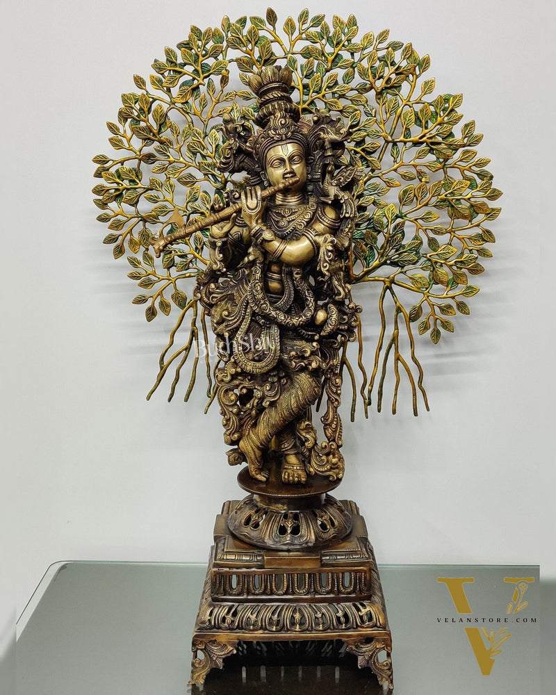 Krishna Muralidhari Brass Idol with Kalpavriksha - 35" Antique Finish
