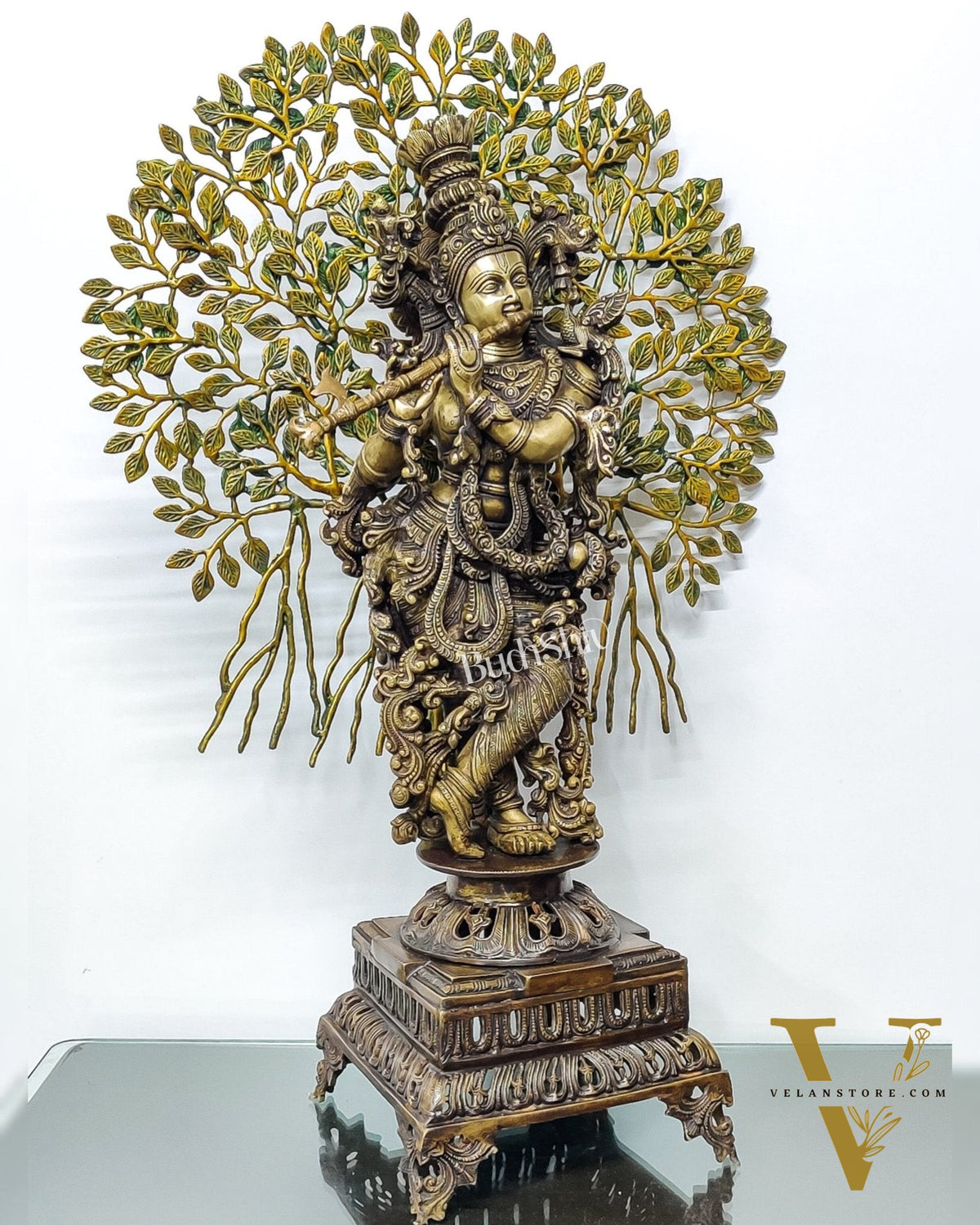 Krishna Muralidhari Brass Idol with Kalpavriksha - 35" Antique Finish