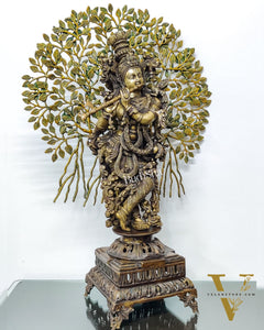 Krishna Muralidhari Brass Idol with Kalpavriksha - 35" Antique Finish