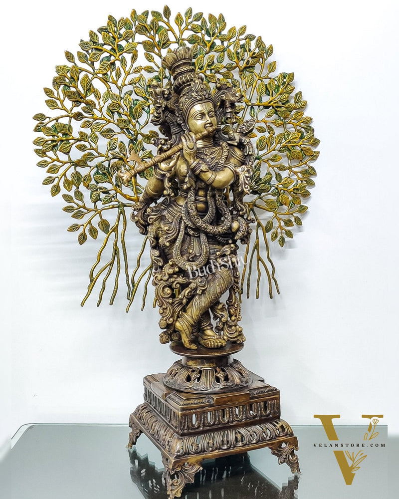 Krishna Muralidhari Brass Idol with Kalpavriksha - 35" Antique Finish